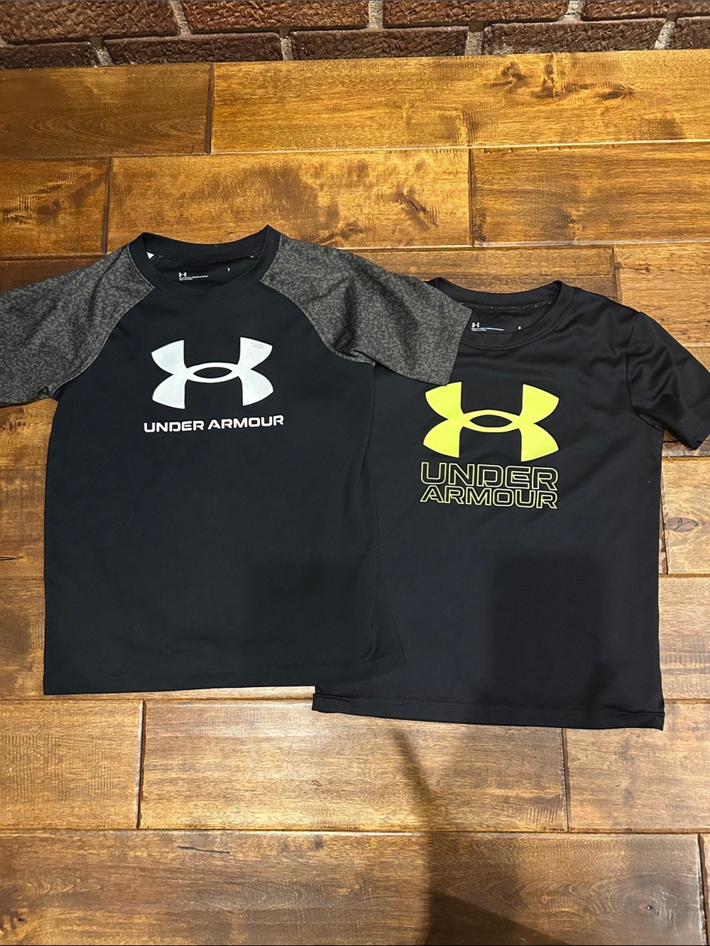 Under Armour Boys' Black Tees with Gray Sleeves & Yellow Logo